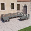 Set Divani da Giardino 9 pz Grigi in Legno Massello di Pino