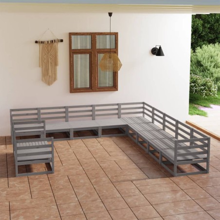 Set Divani da Giardino 11 pz Grigio in Legno Massello di Pino