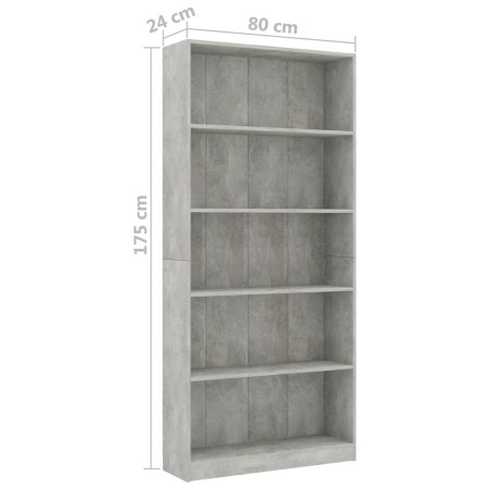 Libreria 5 Ripiani Grigio Cemento 80x24x175cm Legno Multistrato