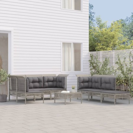 Set Divani da Giardino 10 pz con Cuscini in Polyrattan Grigio