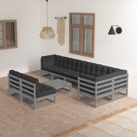 Set Salotto Giardino 9 pz Cuscini Antracite Legno Massello Pino