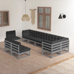 Set Salotto Giardino 9 pz Cuscini Antracite Legno Massello Pino