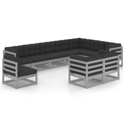 Set Divani da Giardino 10pz con Cuscini Grigio Massello di Pino