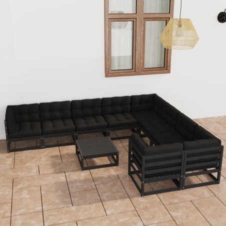 Set Divani da Giardino 10 pz con Cuscini Massello di Pino Nero