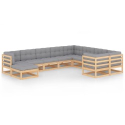 Set Salotto Giardino 10pz Cuscini Antracite Legno Massello Pino