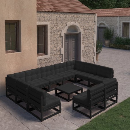 Set Divani da Giardino 10 pz con Cuscini Massello di Pino Nero