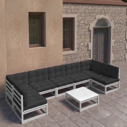 Set Salotto Giardino 8pz con Cuscini Bianco Legno Massello Pino