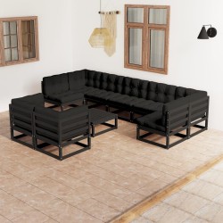 Set Divani da Giardino 10 pz con Cuscini Massello di Pino Nero