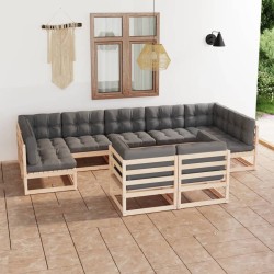 Set Salotto Giardino 9 pz Cuscini Antracite Legno Massello Pino