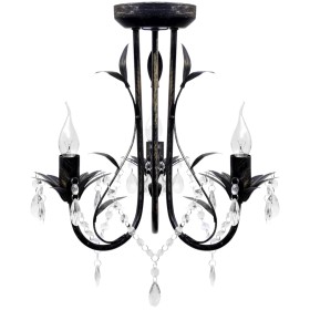 Lampadario Art Nouveau Nero Metallo Perline Cristallo e Lampadine E14