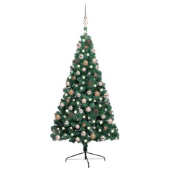 Albero di Natale a Metà Preilluminato con Palline Verde 240 cm