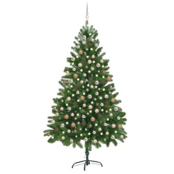 Albero di Natale Preilluminato con Palline Verde 210 cm