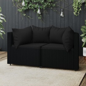 Divani Angolari da Giardino con Cuscini 2pz in Polyrattan Nero