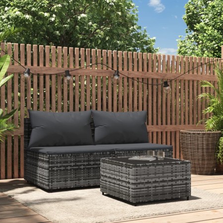 Set Divani da Giardino 3 pz con Cuscini in Polyrattan Grigio