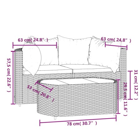 Set Mobili da Giardino 3 pz con Cuscini in Polyrattan Marrone