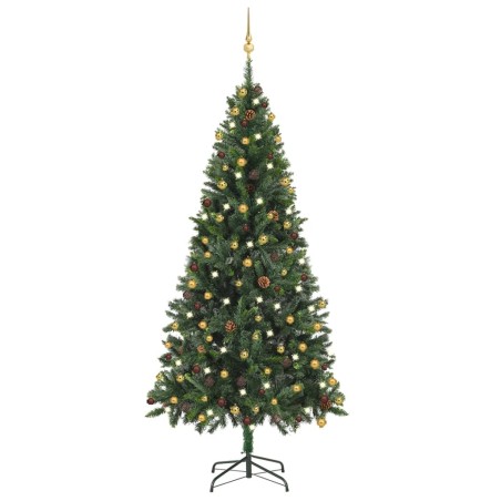 Albero di Natale Preilluminato con Palline Verde 210 cm