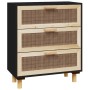 Credenza Nera 60x30x70 cm Legno Massello Pino e Rattan Naturale