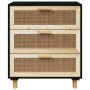 Credenza Nera 60x30x70 cm Legno Massello Pino e Rattan Naturale