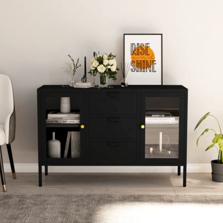 Credenza Nera 105x35x70 cm in Acciaio e Vetro Temperato