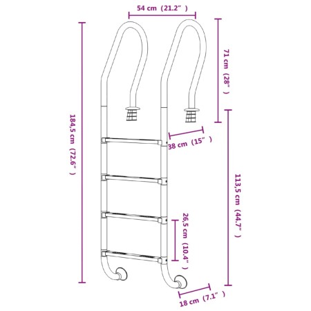 Scala per Piscina 54x38x184,5 cm Acciaio Inox 304