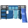 Letto a Soppalco con Tende Bambini Blu 80x200 cm Massello Pino