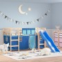 Letto a Soppalco Bambini con Tende Blu 90x190 cm Massello Pino