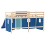 Letto a Soppalco Bambini con Tende Blu 90x190 cm Massello Pino