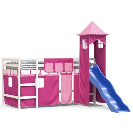 Letto a Soppalco con Torre Bambini Rosa 80x200cm Massello Pino