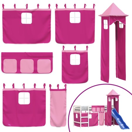 Letto a Soppalco con Torre Bambini Rosa 80x200cm Massello Pino