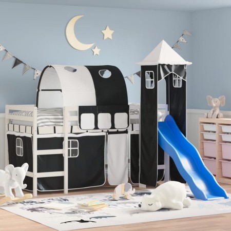 Letto a Soppalco con Torre Bambini Bianco e Nero 90x190cm Pino