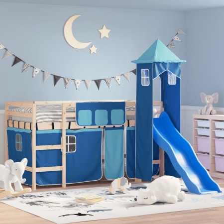 Letto a Soppalco con Torre Bambini Blu 90x190cm Massello Pino