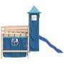 Letto a Soppalco con Torre Bambini Blu 90x190cm Massello Pino