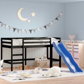 Letto Soppalco con Scivolo Bambini Nero 90x200cm Massello Pino