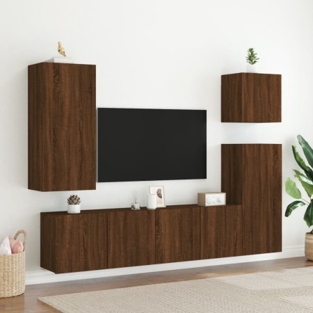 Mobili TV a Muro 5pz Rovere Marrone in Legno Multistrato