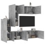 Mobili TV a Muro con LED 5pz Grigio Cemento Legno Multistrato