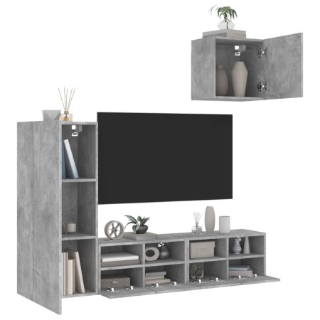 Mobili TV a Muro con LED 4pz Grigio Cemento Legno Multistrato