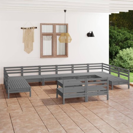 Set Salotto da Giardino 13 pz in Legno Massello di Pino Grigio