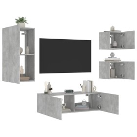 Mobili TV a Muro 4pz con Luci LED Grigio Cemento