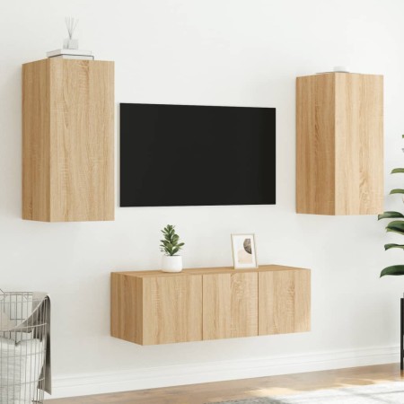 Mobili TV a Muro con LED 4pz Rovere Sonoma Legno Multistrato