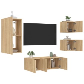 Mobili TV a Muro con LED 5pz Rovere Sonoma Legno Multistrato