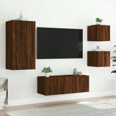 Mobili TV a Muro con LED 5pz Rovere Marrone Legno Multistrato