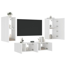 Mobili TV a Muro con LED 4pz Bianchi in Legno Multistrato