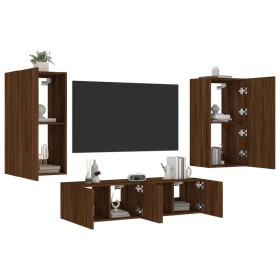 Mobili TV a Muro con LED 4pz Rovere Marrone Legno Multistrato