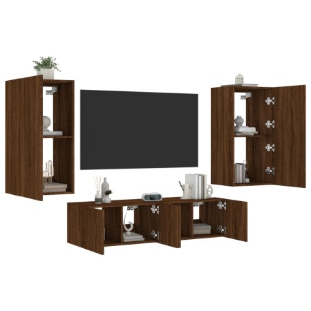 Mobili TV a Muro con LED 4pz Rovere Marrone Legno Multistrato