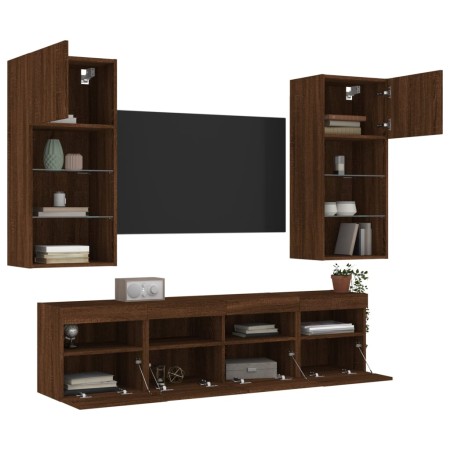 Mobili TV a Muro con LED 5pz Rovere Marrone Legno Multistrato