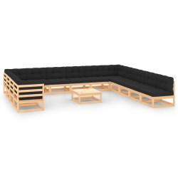 Set Salotto Giardino 14pz Cuscini Antracite Legno Massello Pino