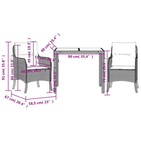 Set da Pranzo da Giardino 3 pz con Cuscini in Polyrattan Grigio