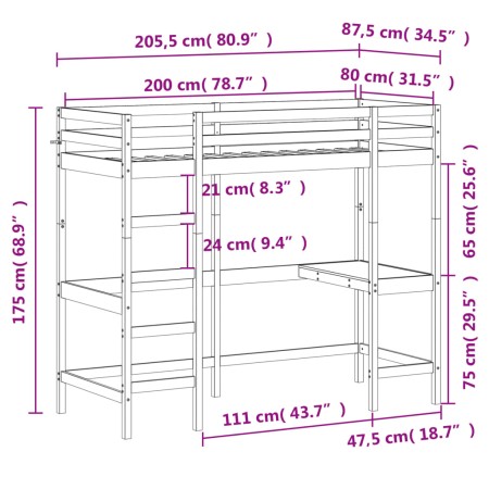 Letto Soppalco con Scrivania Marrone Cera 80x200 cm Legno Pino