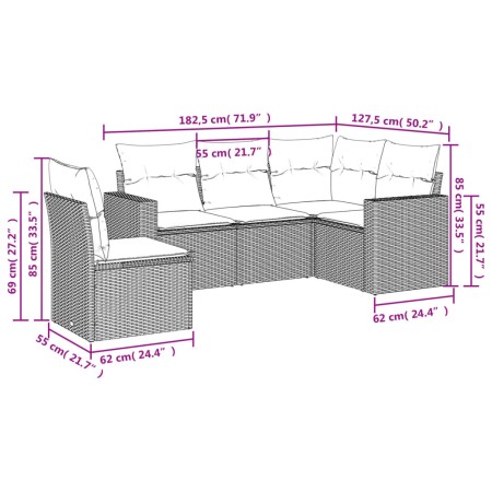 Set Divano da Giardino 5 pz con Cuscini Marrone in Polyrattan