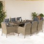 Set da Pranzo da Giardino 9 pz con Cuscini Beige in Polyrattan